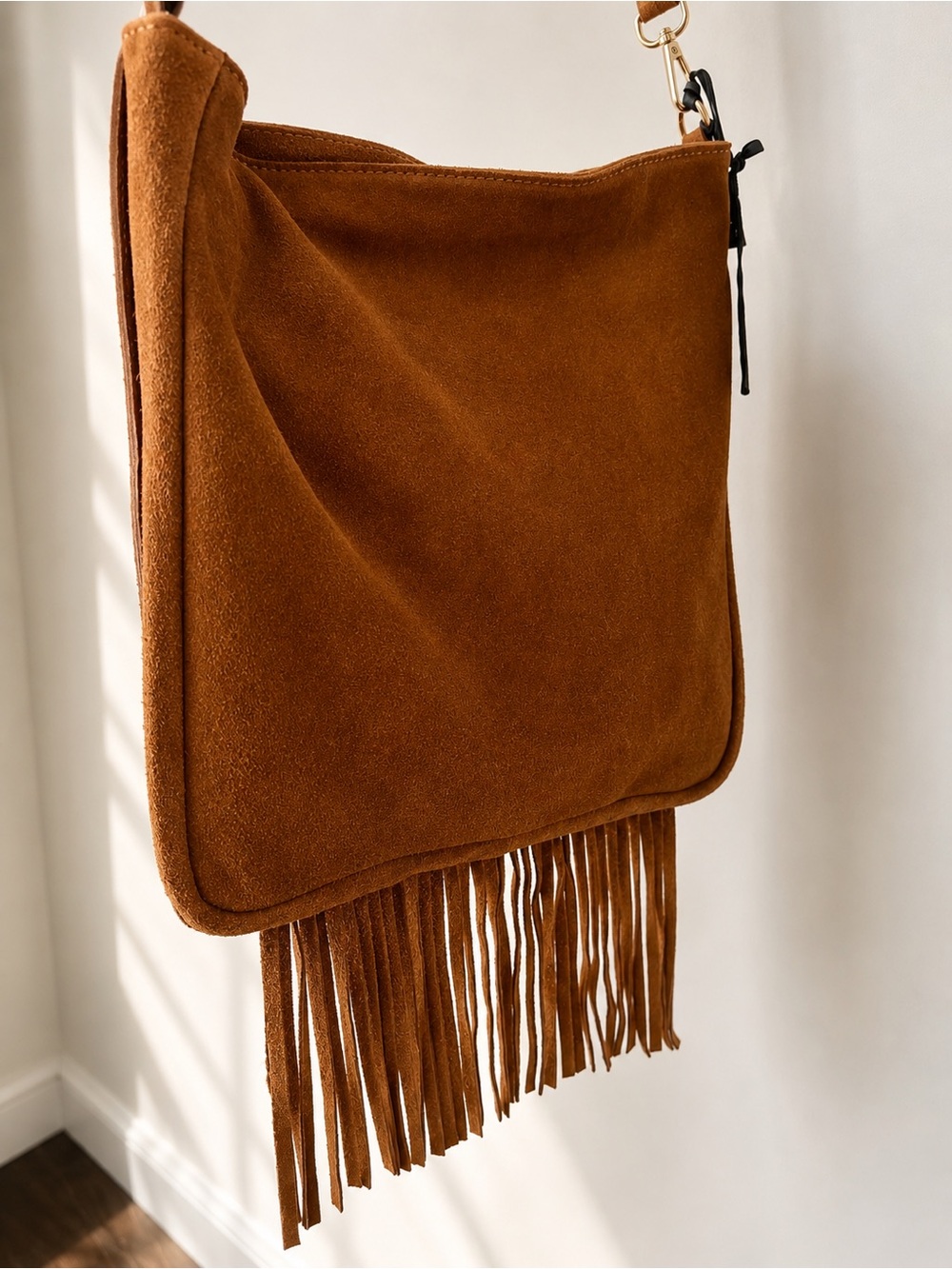 NWT Made in Italy Cognac Suede Fringe Bag | Boho Crossbody - Picture 5 of 8